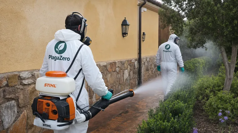 Técnicos de Deratik fumigando con equipo de protección en Sant Boi de Llobregat